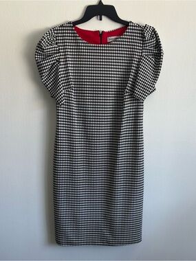 Shelby & Palmer Black and White Houndstooth Midi Dress with Red Neckline